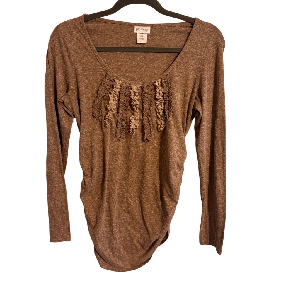 Motherhood Maternity Top Ruffle Front Small Brown Women Long Sleeve Ruched Shirt